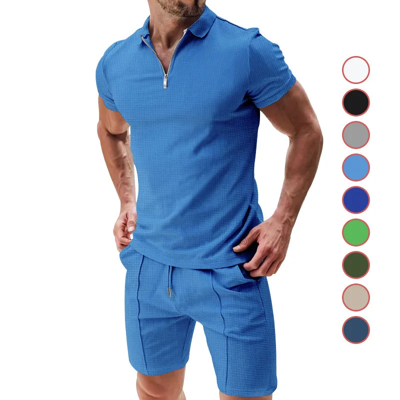 men's short sleeve shorts casual suit new summer waffle solid color casual loose lapel t-shirt suit men