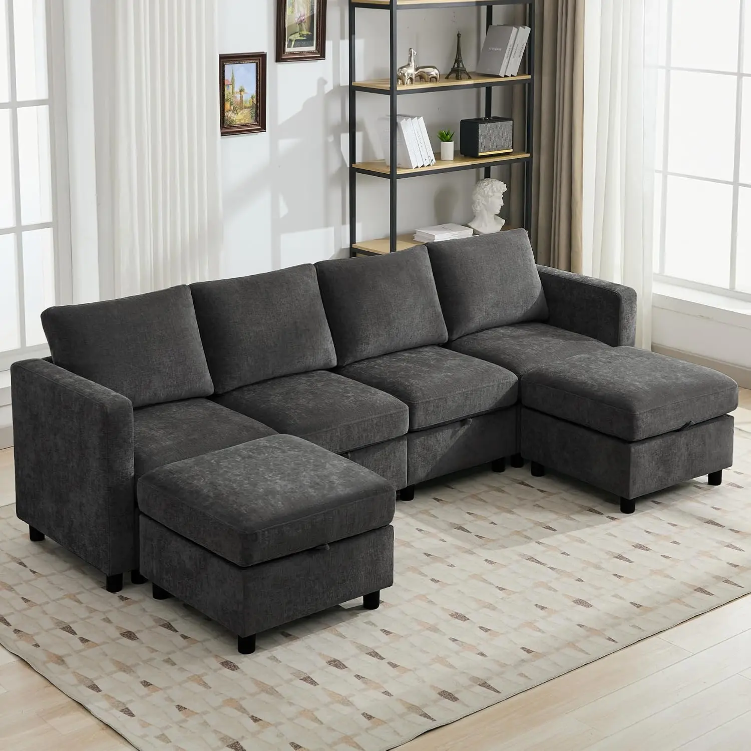 Modular Sectional Sofa U Shaped Convertible Set With Storage & Movable Ottoman, 6 Seater Chenille For Living Room, Customized