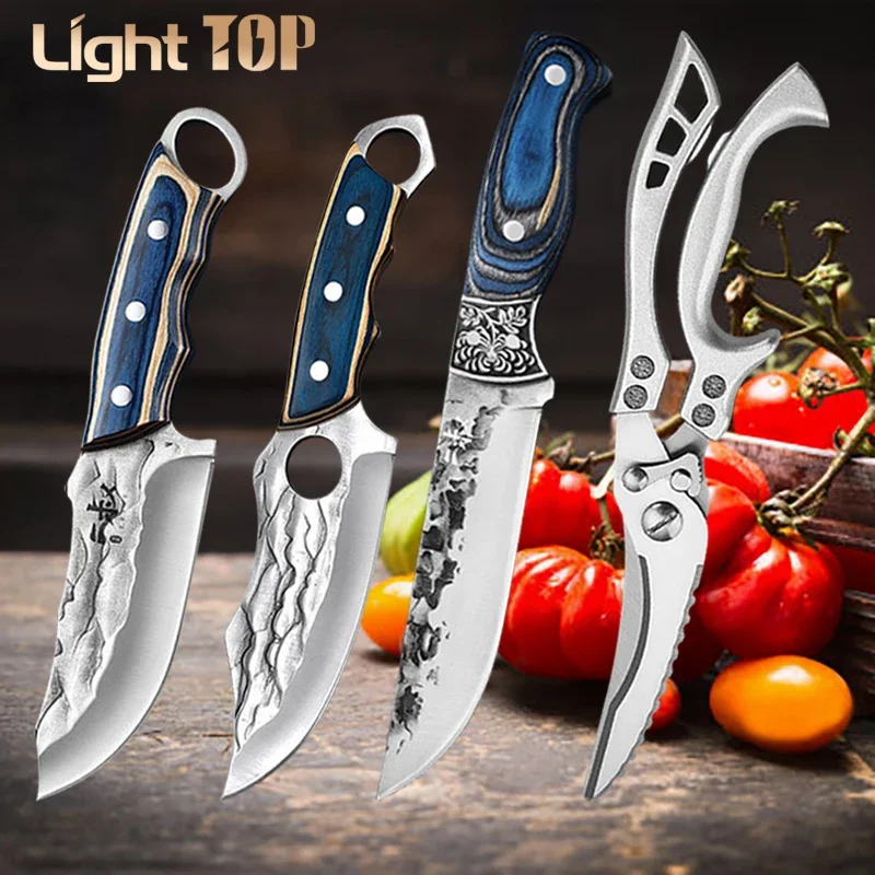 

4 Pcs Professional Boning Knife Chicken Bone Scissors High Carbon Steel Kitchen Knife Outdoor Hunting Camping Knife Set BBQ Tool