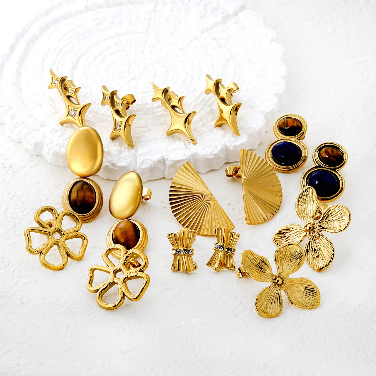 Modische Unregelmäßige Edelstahl-Blumen-Stern-Tigerauge-Ohrstecker, Personalisierter Vintage-Mädchenschmuck Nischen-Ohrringe