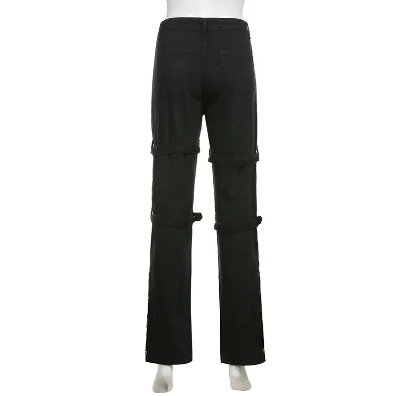 Metal Button High Waisted Straight Leg Jeans Drop Crotch Trousers Streetwear Hip Hop Fashion Y2K Cargo Denim Pants for Women