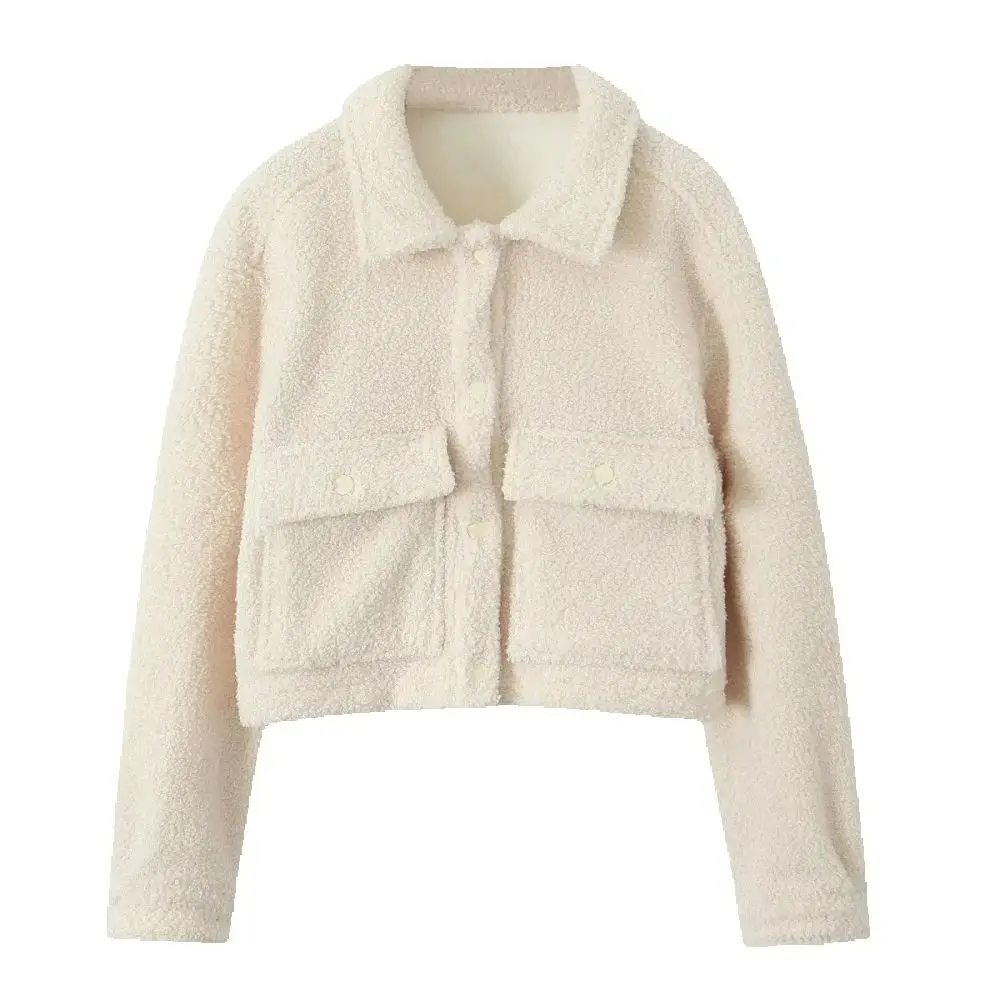 

Плюшевый свободный топ с воротником, длинными рукавами и карманами на пуговицах, осень/зима, новый стиль, стильное короткое пальто