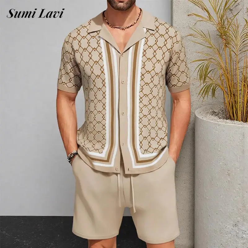 

Vintage Geometric Crochet Two Piece Sets Men Summer Short Sleeve Shirts And Shorts Knitting Outfits Mens Fashion Ice Silk Suits
