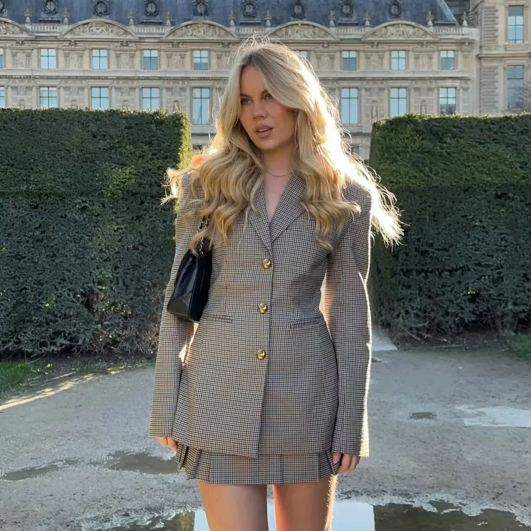 

Belted Women's Autumn Houndstooth Suit Turn Down Collar Button Pockets Female Coat Informal Style sophisticated Blazer For Lady