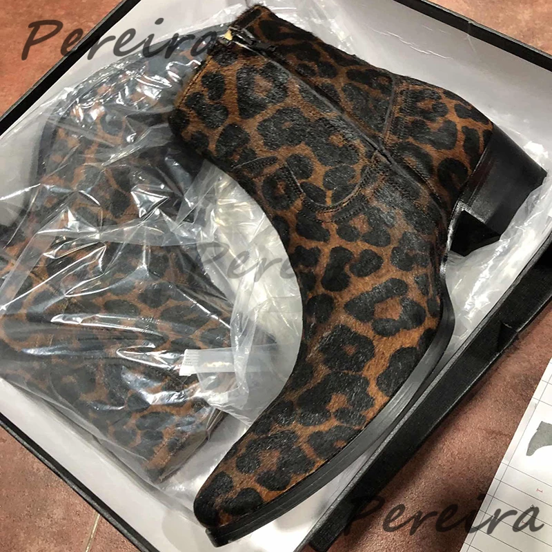 

Leopard Horse Hair Chelsea Boots for Men Retro Genuine Leather Zipper Med Heel Ankle Boots Autumn Winter Trend High Top Shoes