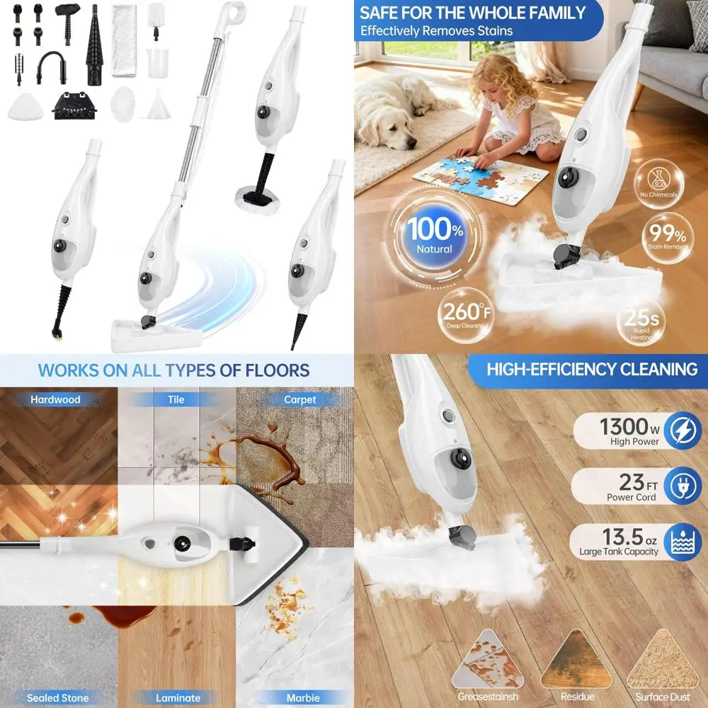 

Powerful 1300W Steam Mop for Hardwood, Laminate, and Tile Floors - 400ml Water Tank, 7m Cord, Multi-Surface Cleaning Solution