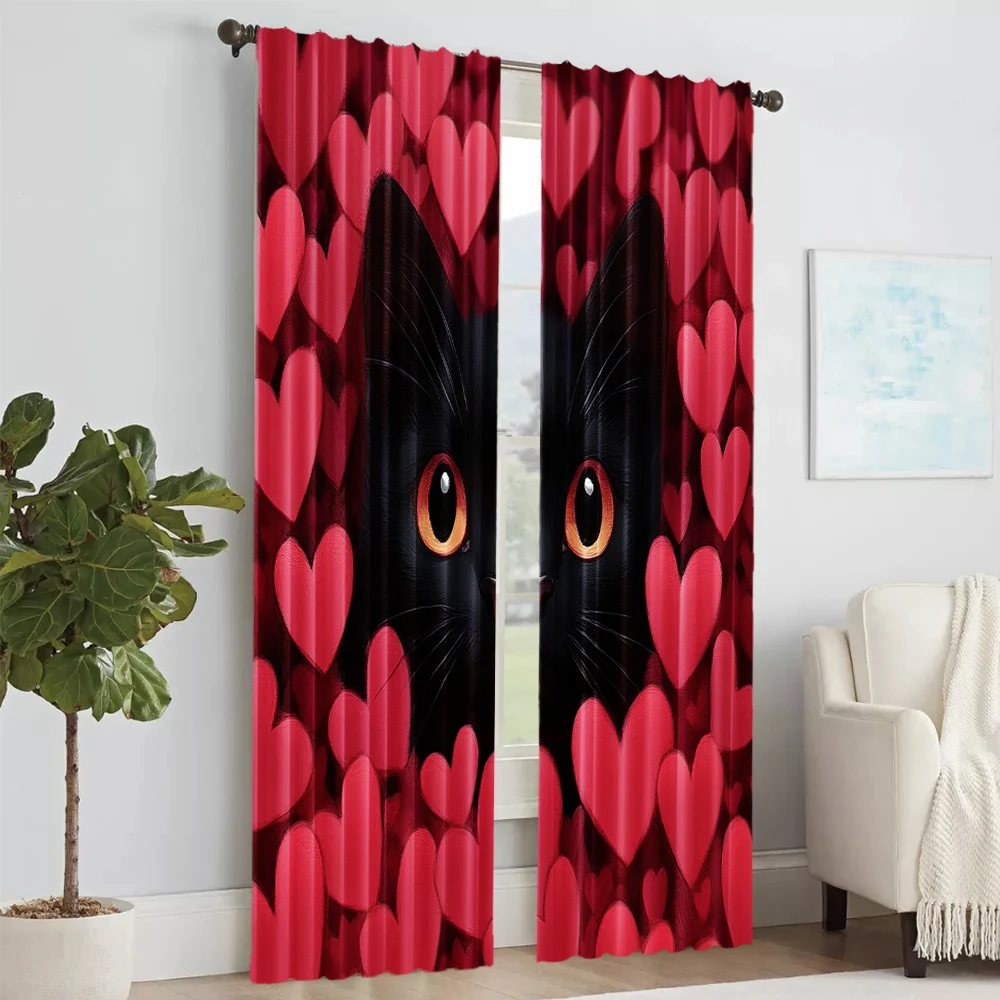 2 pcs, versatile polyester transparent curtains for home decoration Black Cats & Red Hearts for use in bedrooms and living rooms