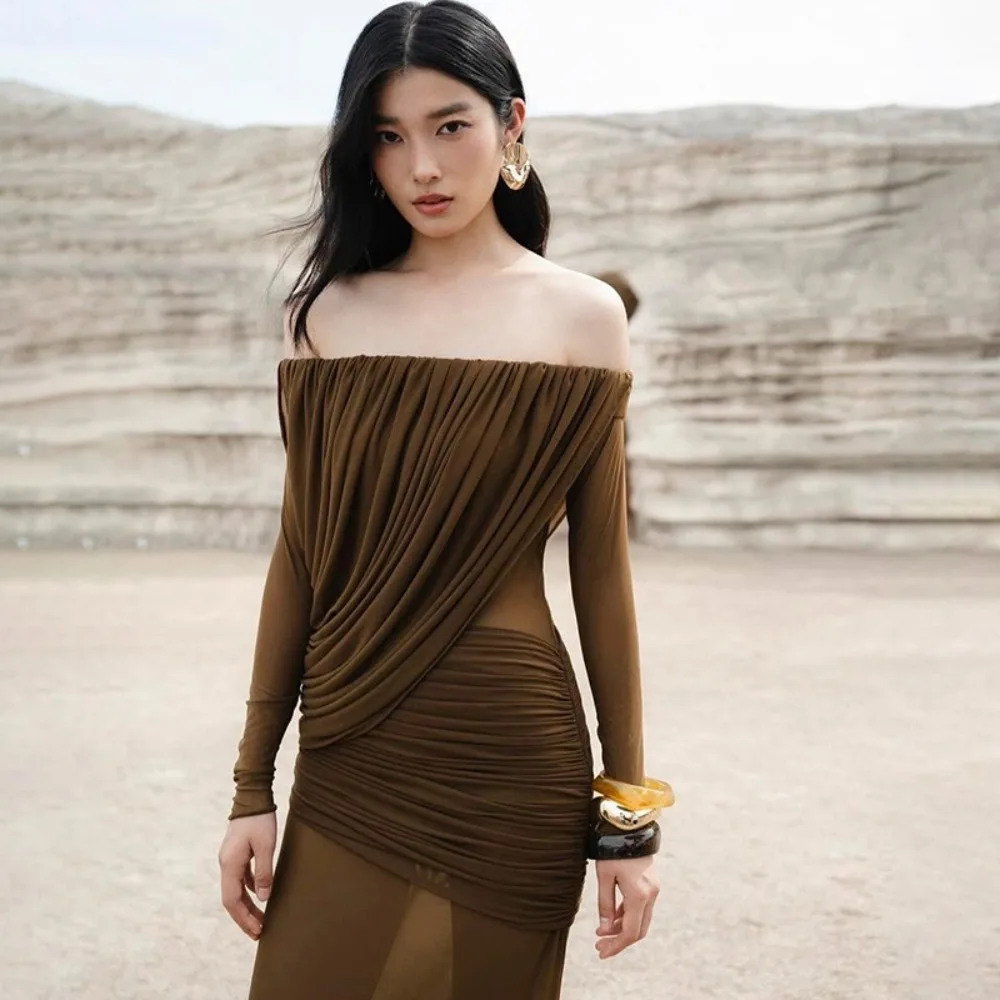 TWOTWINSTYLE – robe Maxi en maille transparente pour femmes, col Slash, manches longues, taille haute, Patchwork, plis, robes amincissantes, nouvelle collection