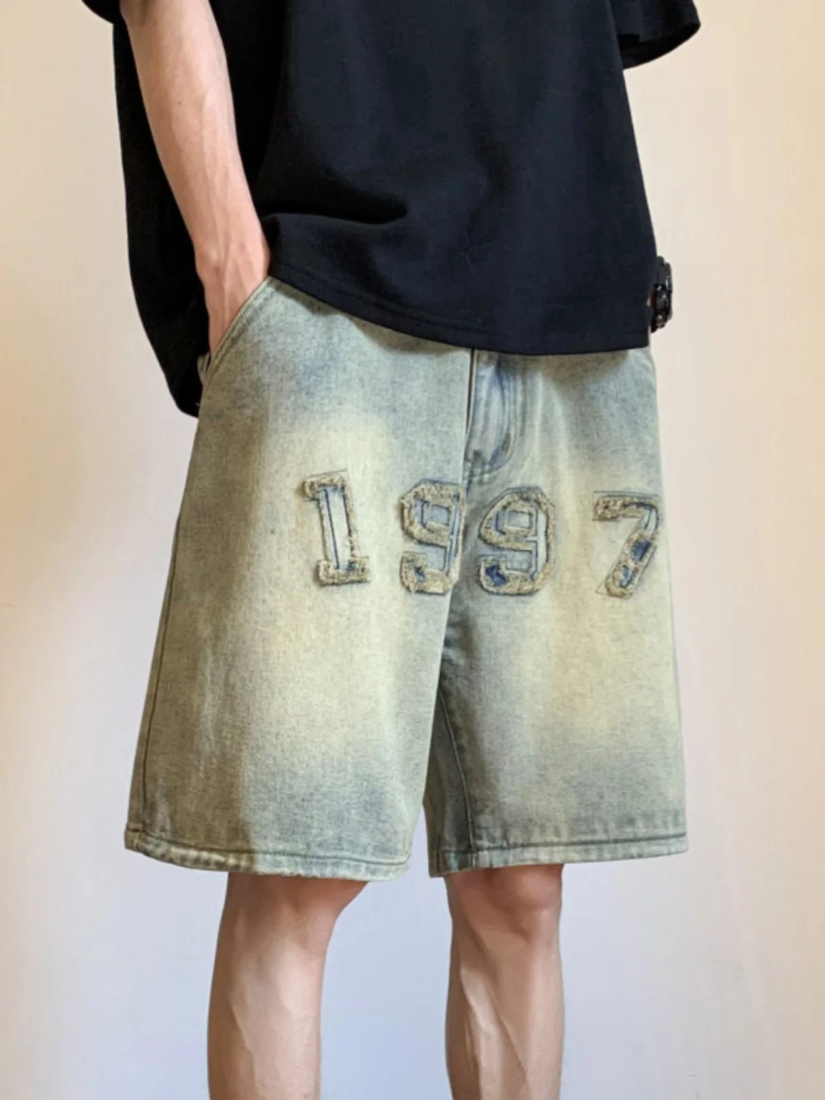 

Korean Style Vintage Men's Jeans Summer Loose Male Wide Leg Knee Length Shorts 2023 New Washed Fashion Denim Trouser Feamle Y2K