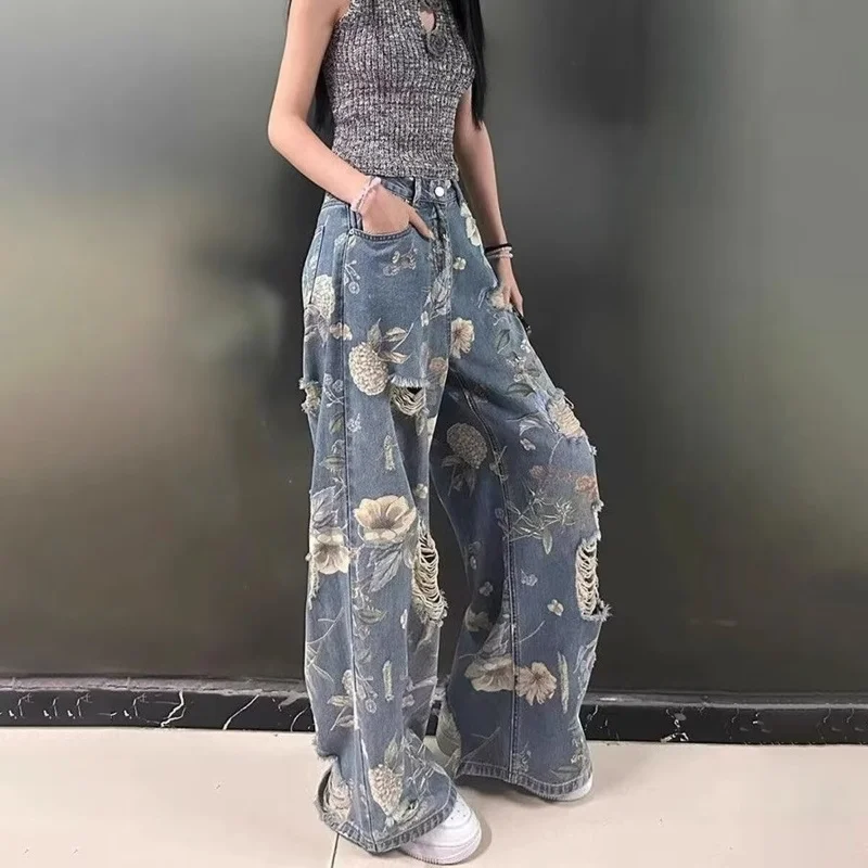 

Autumn Floral Printed Jeans for Women's 2025 New Y2K Vintage Denim Pants Hip Hop Fashion Wide-leg Baggy Jean Streetwear Trousers
