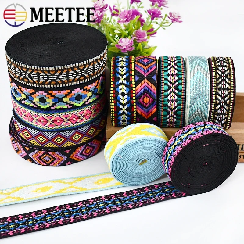 8M 22-25mm Polyester Jacquard Webbing Tapes Ethnic Lace Ribbons for Bag Strap Band Trim Sewing Bias Binding Garment Accessories