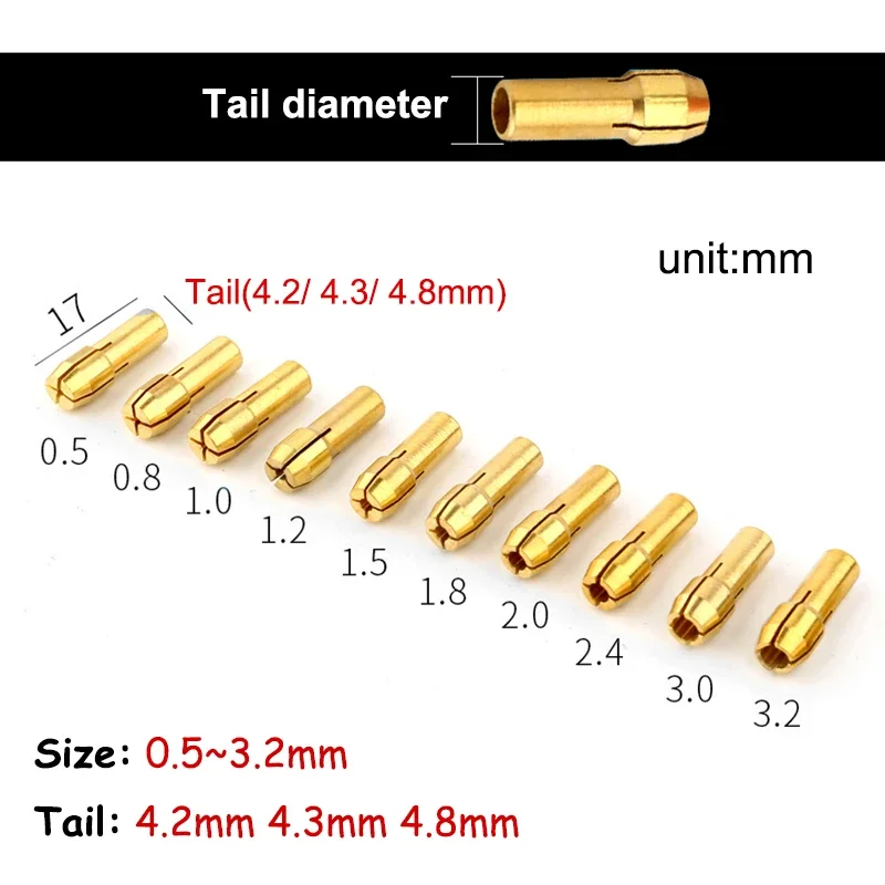 Set di punte da 0,5-3,2 mm Mini trapano in ottone pinza mandrino diametro gambo 4,2/4,3/4,8 mm per utensili rotanti Dremel M7/M8 * 0,75 mm set di accessori per dadi