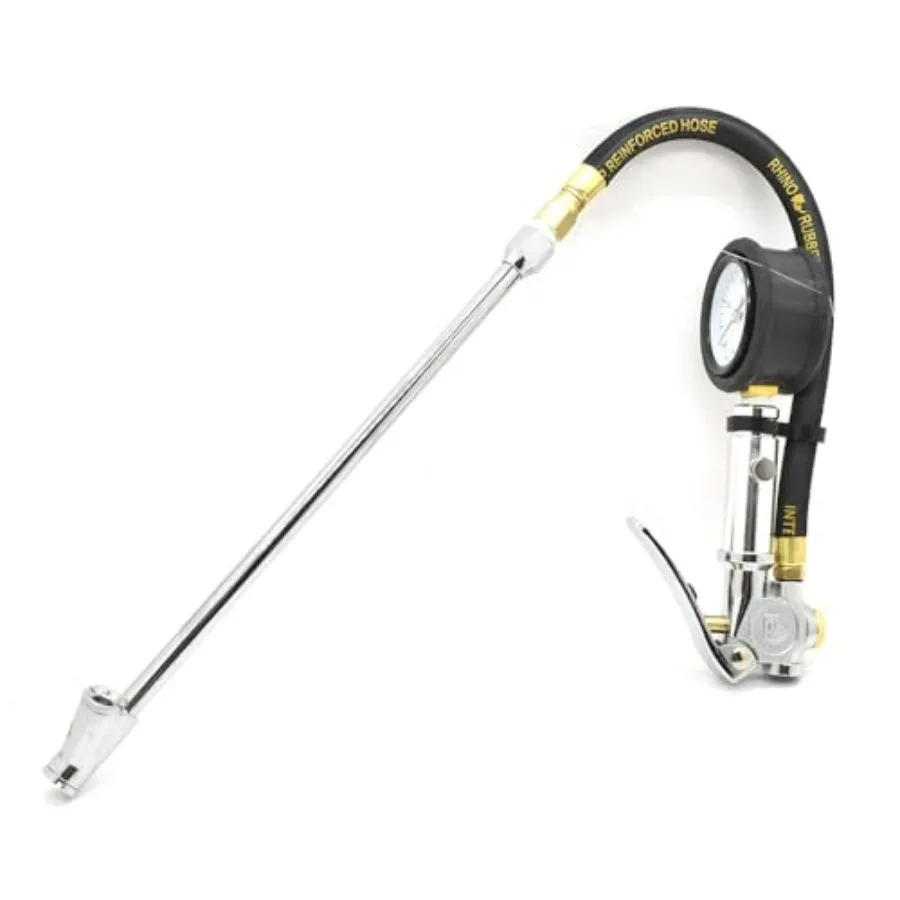 

Heavy Duty Dial Inflator 5-160 PSI with 12 Inch Black Steel Braided Hose Whipend and 11 Inch Straight-in Dual Foot Tilt-Lock Tr