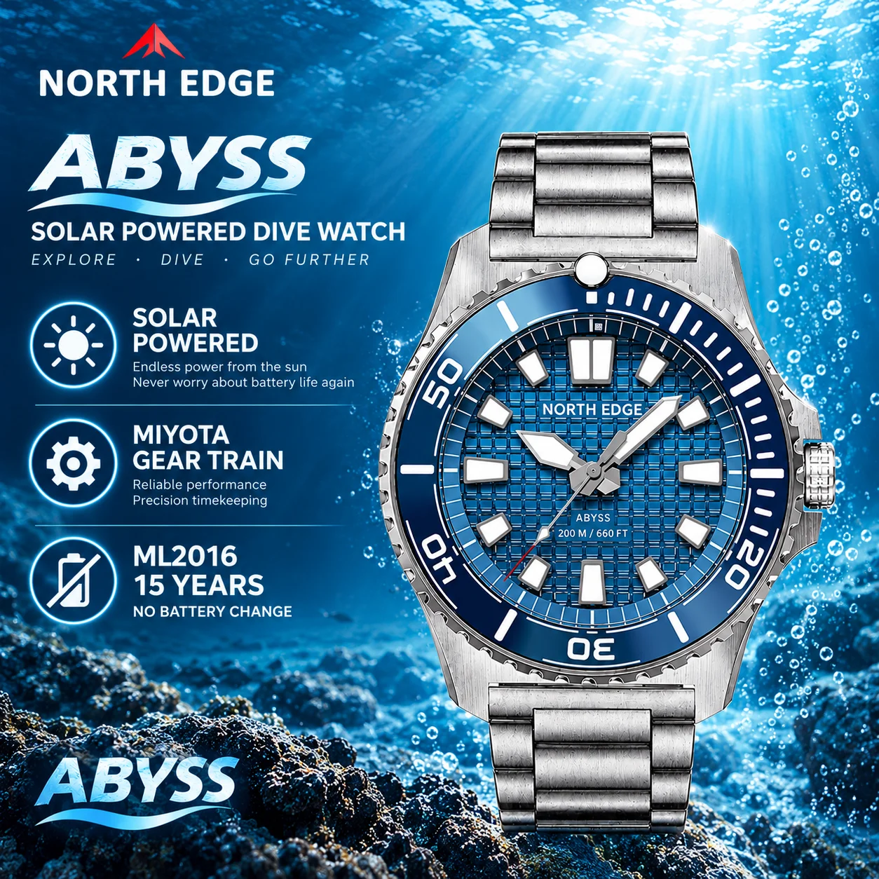 NORTH EDGE ABYSS 180+ Day Power Men Solar Powered Diving Watch MIYOTA Gear Train 200M Waterproof Luxury 316L Steel Quartz Watch