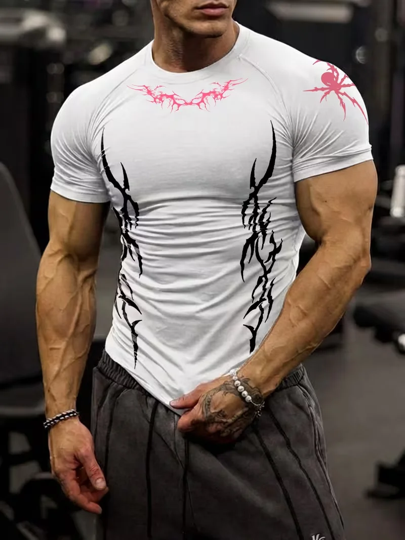Men's sports tight short sleeved shirt with pink spider pattern print design, breathable, quick drying, sweat absorbing