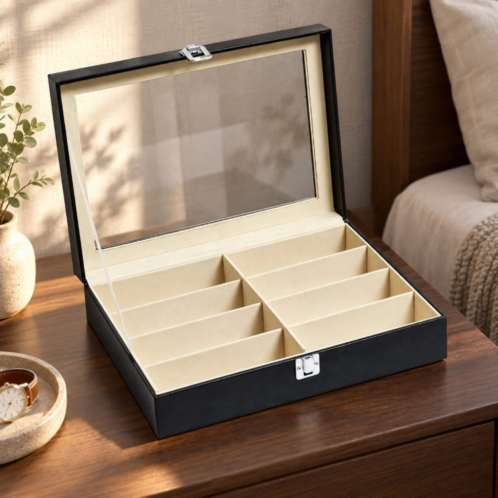 Eyeglass Storage and Display Box Transparent 8-Compartment Eyeglass Organizer Spacious Scratch-Resistant for Dressing Table
