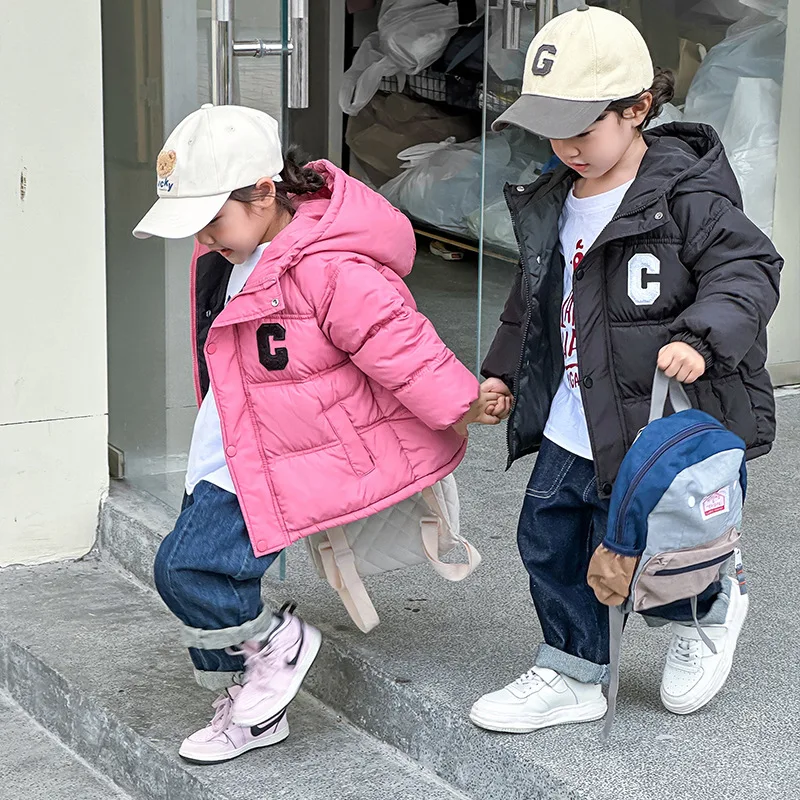 Giacca invernale per ragazzi e ragazze tinta unita addensare tenere in caldo cappotto con cappuccio per 3-12 anni Parka per bambini tuta da neve