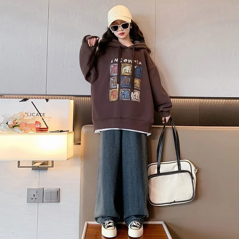 

Girls' Middle-Big Kids 2025 New Autumn-Winter Fleece-Lined Thickened Integrated Hooded Pullover Top