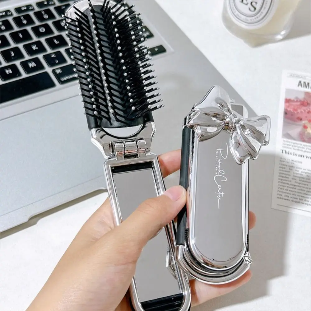 Mini 2 in 1 Comb Mirror Set Square Bowknot Scalp Massage Comb with Mirror Anti Static Silver Air Cushion Combs Travel