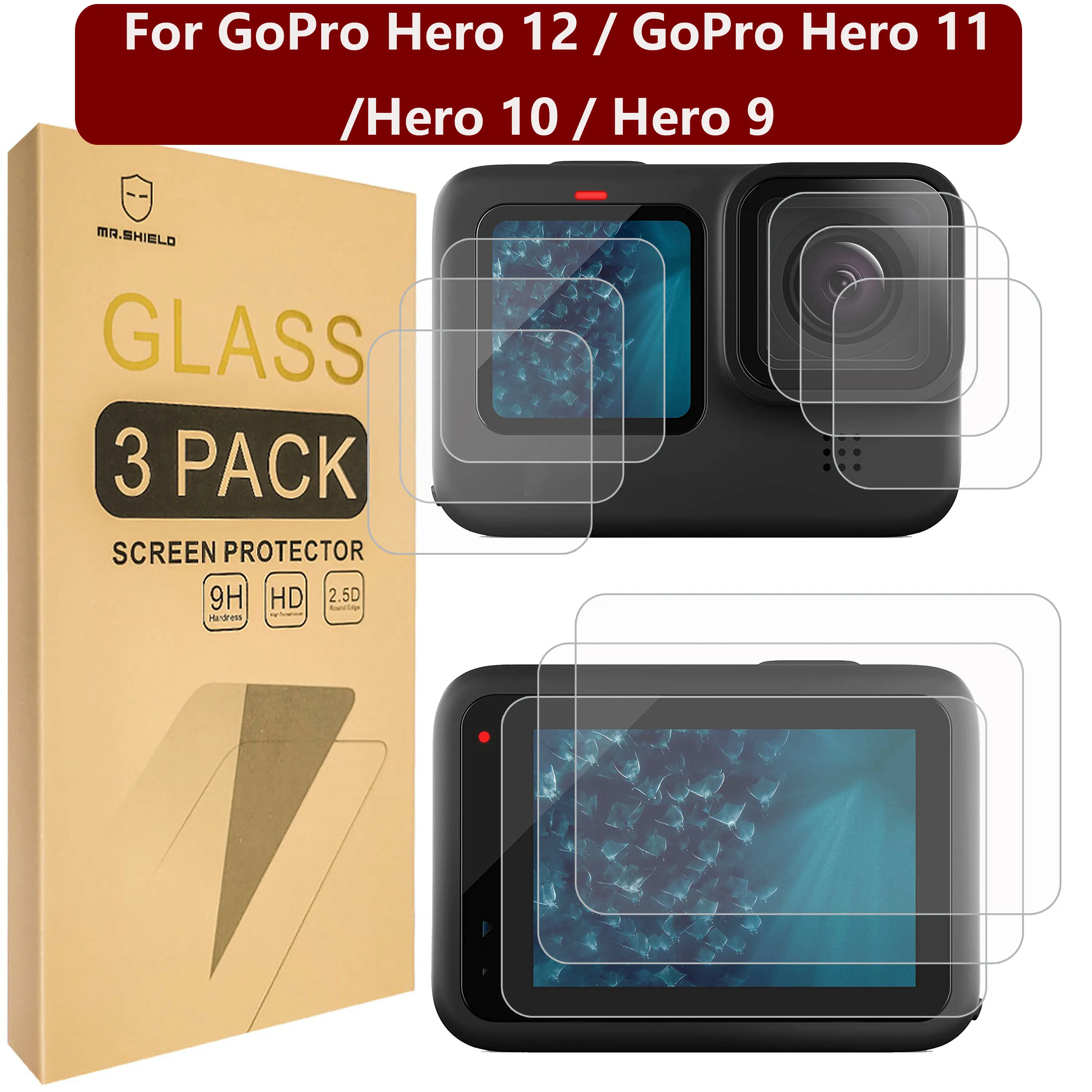 Protetor de Tela Mr.Shield Compatível com GoPro Hero 12, GoPro Hero 11, Hero 10, Hero 9, Lente Traseira e Frente, 3-Pack, 9 pcs