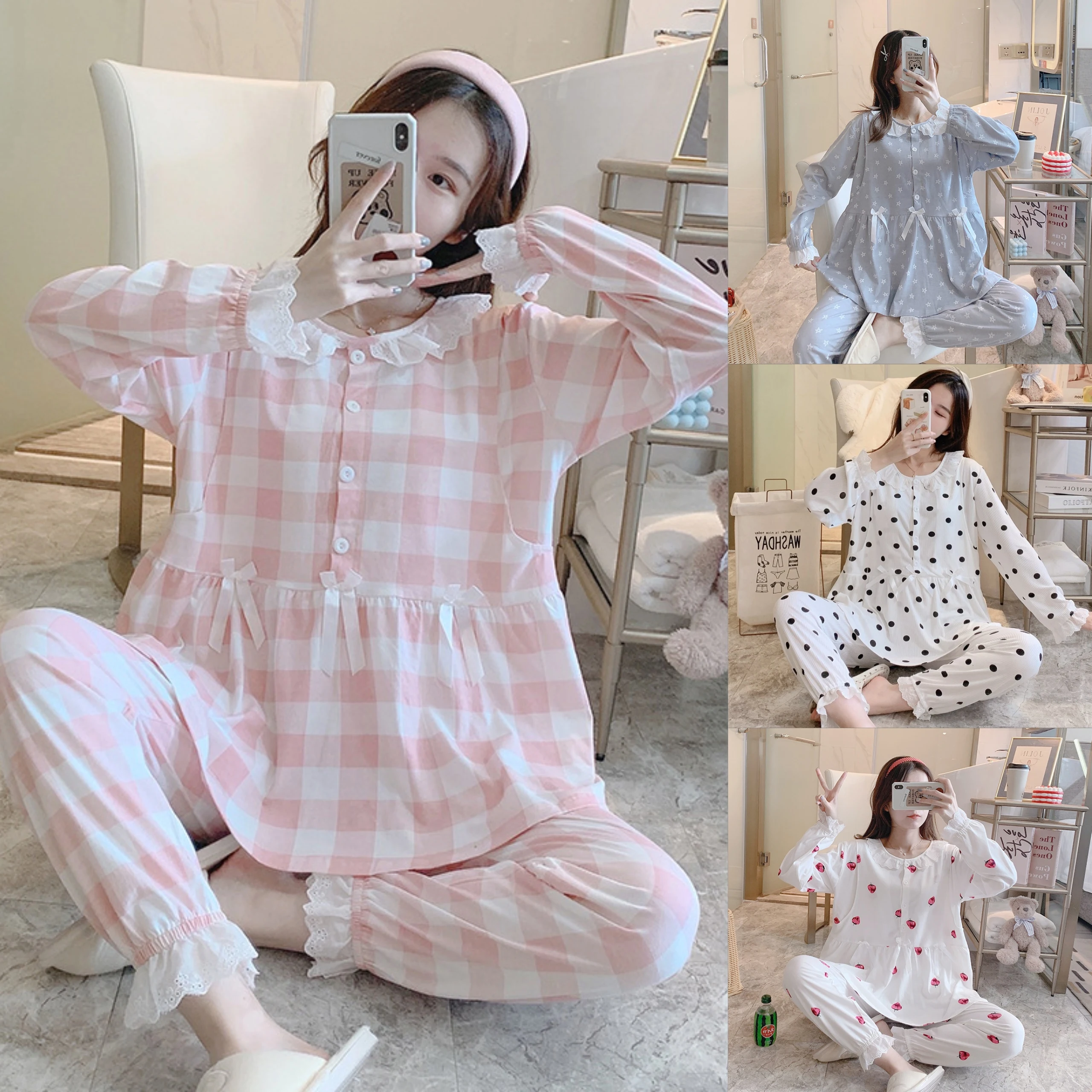 Maternity Spring And Autumn 2-Piece Set Of Long-Sleeved Breastfeeding Pajamas Summer Monthly Clothing Home Wear Nursing Clothes