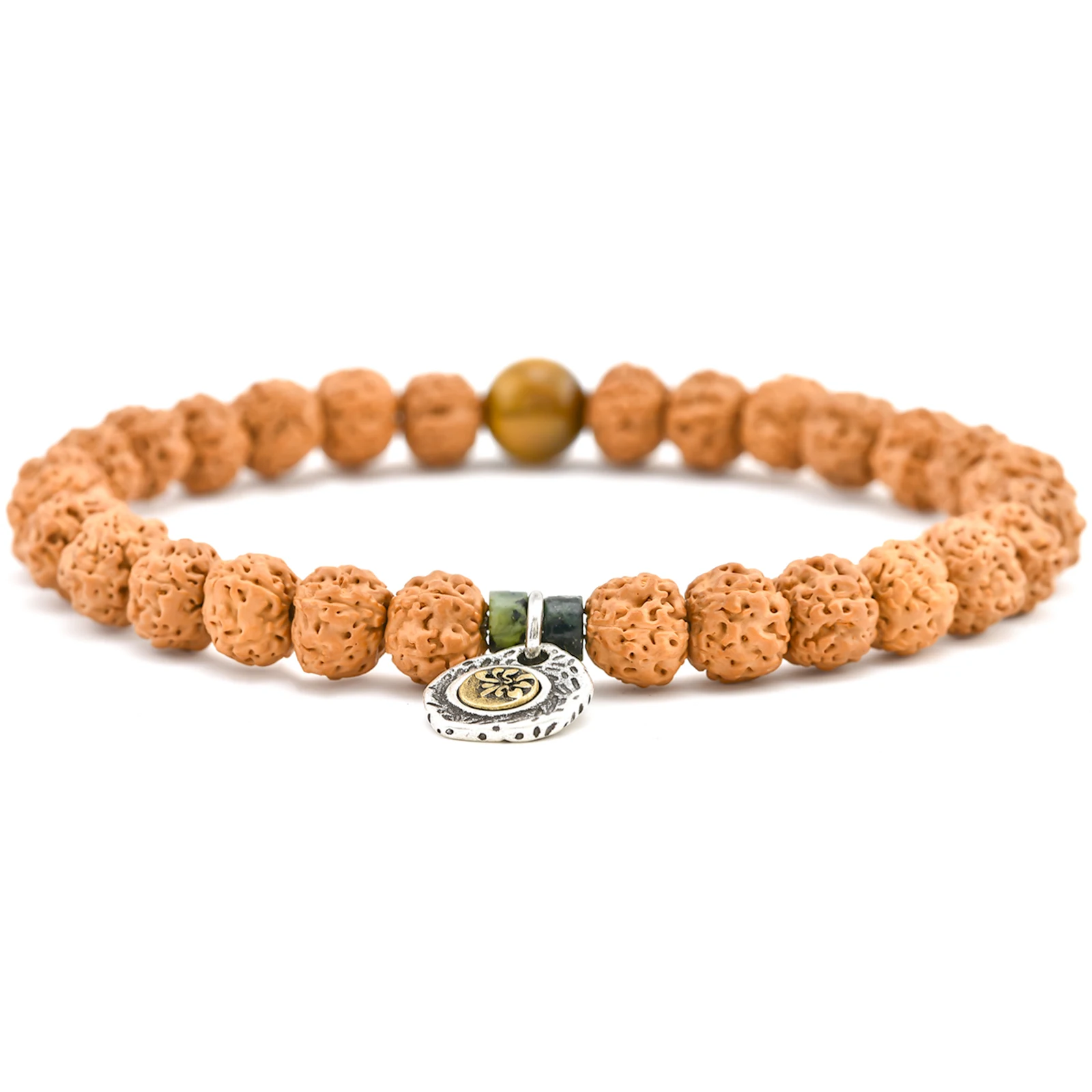 8MM Original 5 Mukhi Rudraksha Bracelets Copper Lotus Charm Beads Buddhist Prayer Meditation Elastic Cord Bracelet view 5
