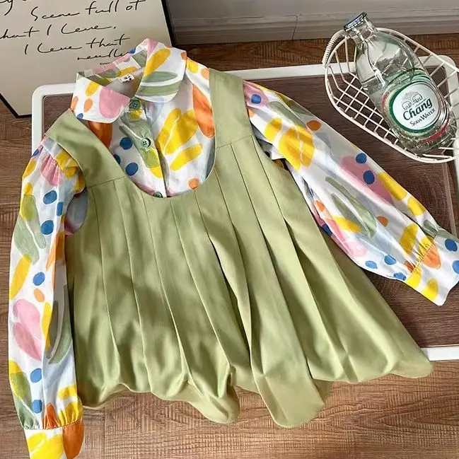 

Autumn 1-6Y Girl 2 Piece Clothes Set Cotton Contrast Print Turn Down Colalr Shirt Suit Loose Solid Pleated Princess Dress Outfit