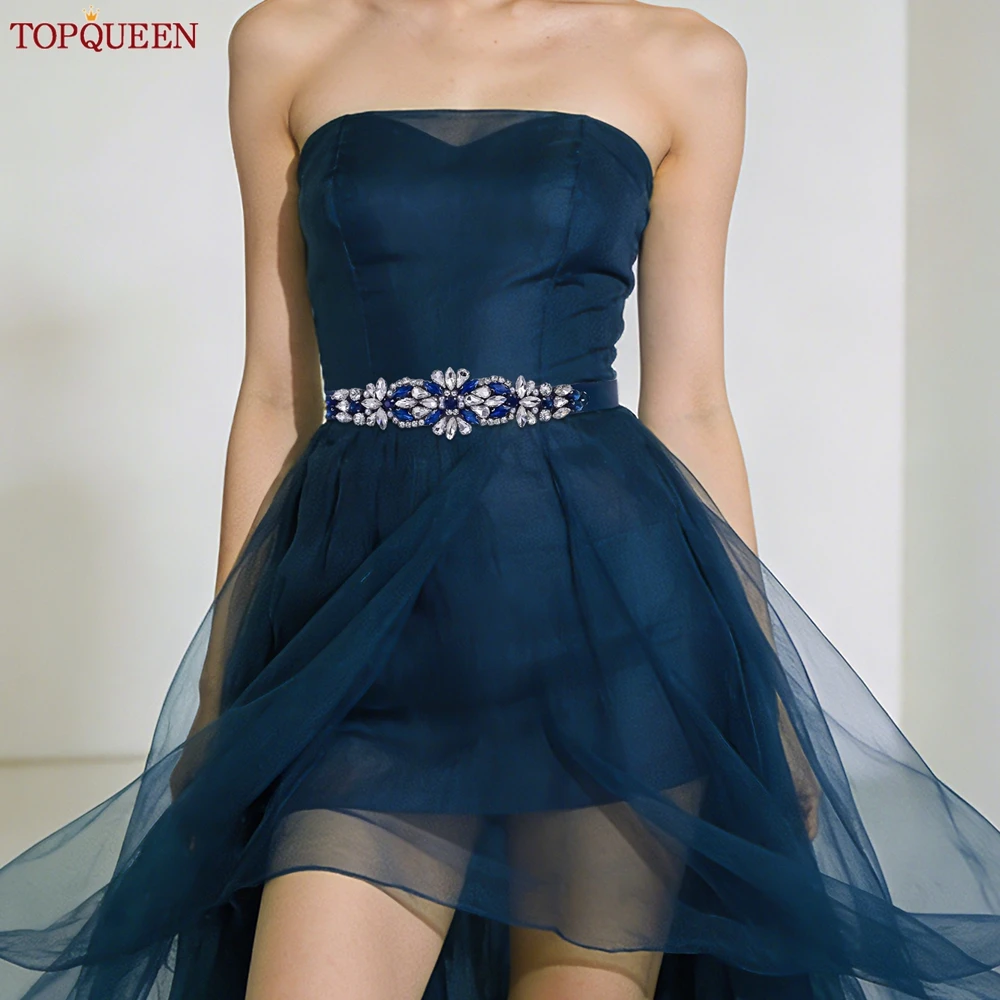 TOPQUEEN Cinturones de boda a la moda, cinturones para vestidos de noche azul marino, accesorios nupciales con diamantes de imitación para la cintura, fajas de fiesta para mujer S407