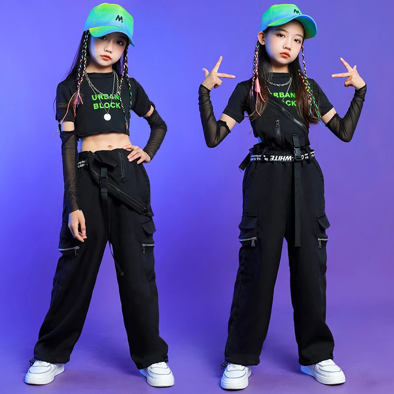 Tanktops Overalls Hosen für Mädchen Jazz Dance Streetwear Kostüme Kinder Punk Hip Hop Kleidung Kpop Outfits T-Shirt mit Handschuhen