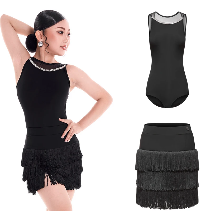 

DUYQ Girls Latin Dance Clothing Kids Chacha Latin Dance Costume Black Latin Top Fringed Skirt Children Ballroom Dancewear 15725