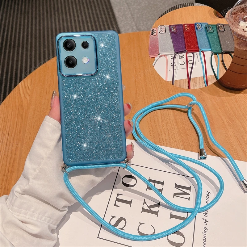 For Xiaomi Redmi Note 13 4G 5G 12 Pro Plus 11 Pro+ 10 9 Crossbody Lanyard Clear Glitter Silicone Soft Case 13C 12C 12s 11s Cover