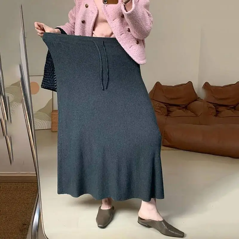 

Drawstring High Waist Maxi Female Autumn Winter Solid Color Versatile Knitted Skirt Woman Vintage Lazy Style Midi Skirts