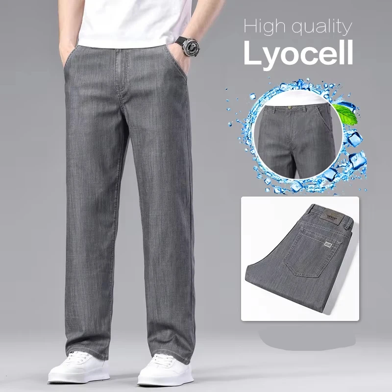 High Quality Summer Lyocell Cotton Blended Fabric Men's Jeans High Waist Loose Straight Pants Casual Trousers Plus Size 35 40