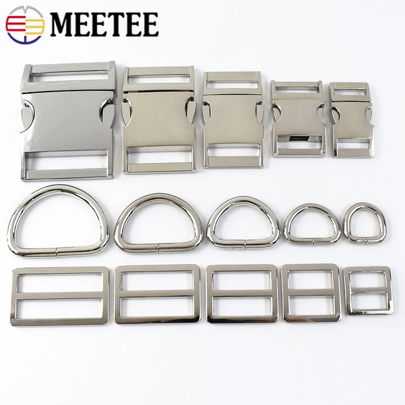 2/5Sets 15-38mm Silver Metal Side Release Buckle Webbing Belt D Ring Connect Hook Bag Strap Tri-Glide Clasp Dog Collar Accessory