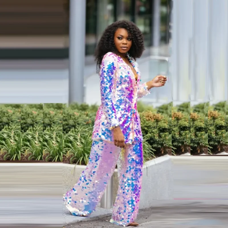 

Комплект из 2 предметов: пиджак и брюки для выпускного бала, переливающийся, на заказ, с пайетками, для вечеринки, элегантный, с длинными рукавами, широкие брюки