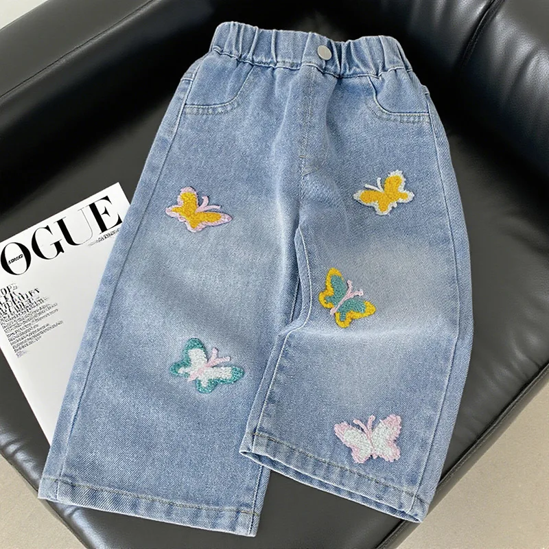 2026 Spring New Baby Girls Denim Jeans, Versatile Loose Fit Soft Washed Straight Wide Leg Long Pants For Little Girls