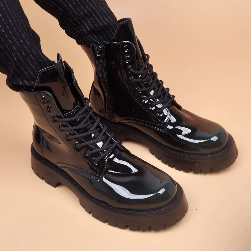 mens luxury fashion high motorcycle boots patent leather shoes party nightclub dress cowboy platform boot cool long botas hombre