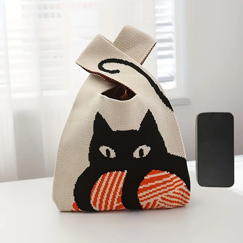 1pc Casual Cat Pattern Jacquard Satchel Bag, Lightweight Shopping Handbag, Versatile Small Handbag image 4