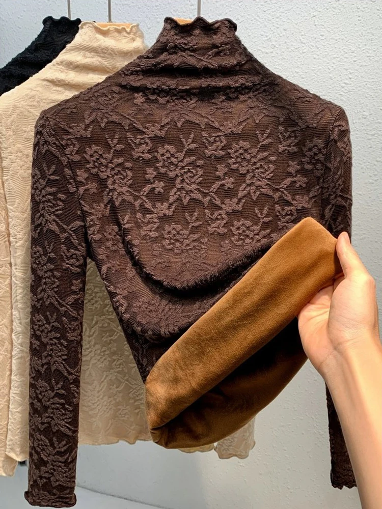Women's Fleece Lined Lace Base Shirt Half High Collar Inner Wear Autumn Winter Warm plus Size Fat MM Top Commute Style Slim Fit