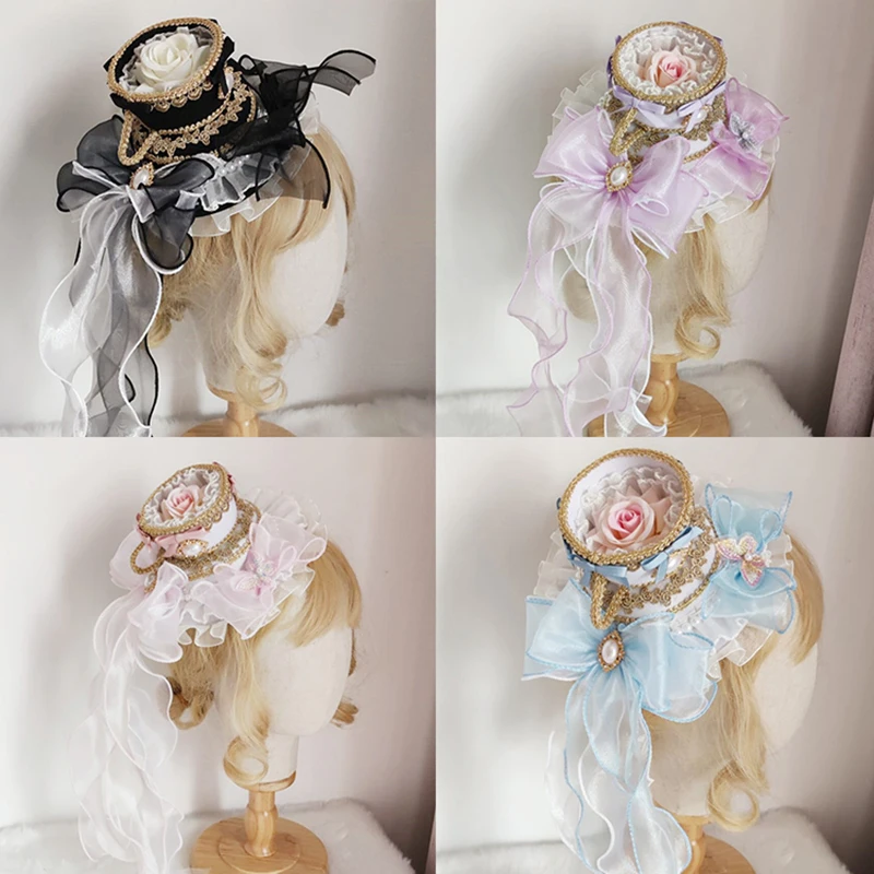 Copricapo vittoriano Vintage cappello a cilindro piatto ragazza Lolita pizzo fiore rosa cappello splendido elegante fiocco partito cofano cappello gotico copricapo