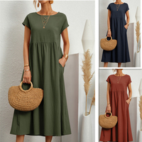 Women Vintage Solid Dress 2025 Summer Elegant O Neck Short Sleeve Cotton Linen Dresses Female Casual Loose Sundress Long Dress