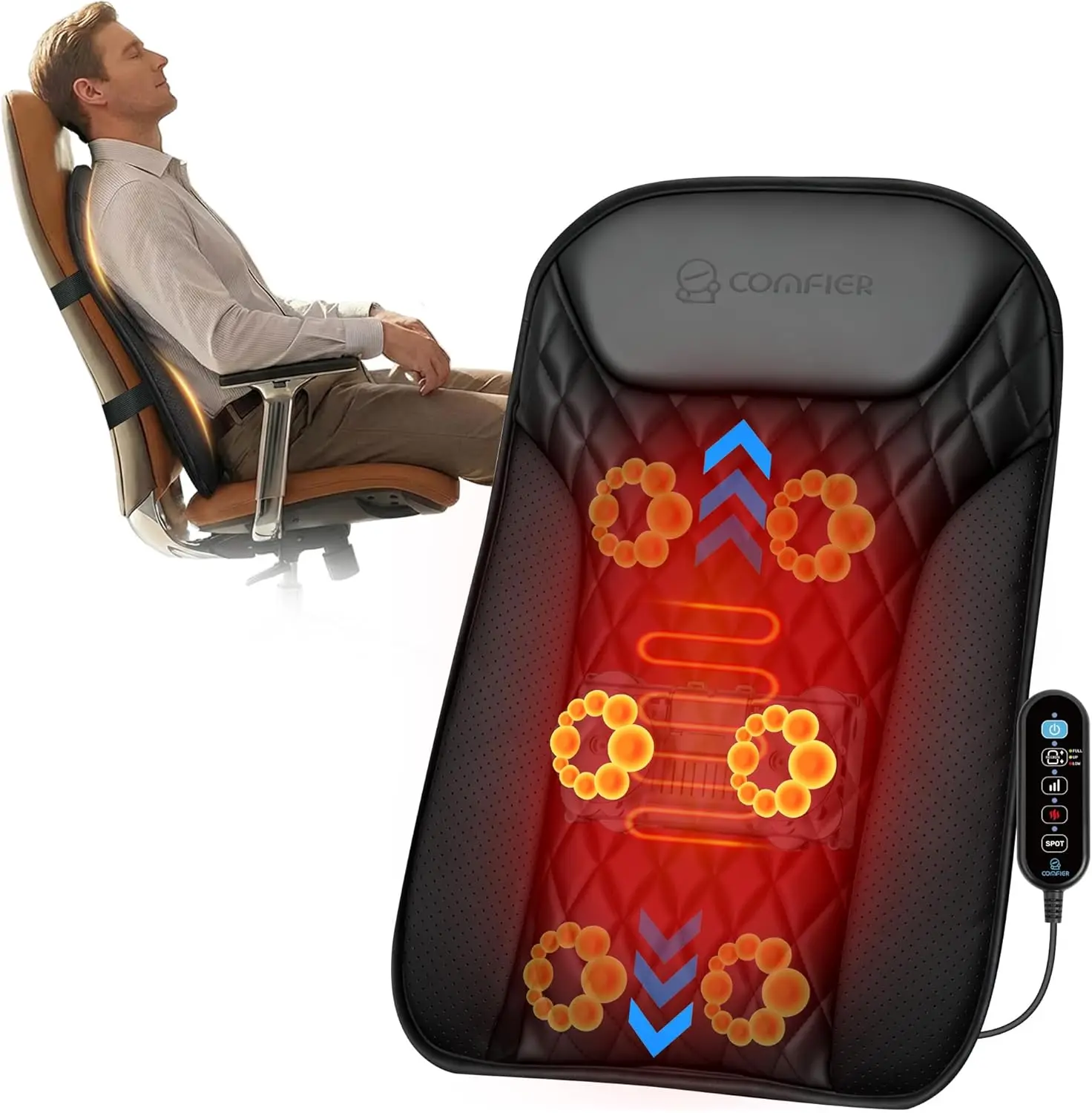 

Ultra-Slim Heated Back Massager with Up-Down Moving Nodes, Deep Tissue Shiatsu for Chair, Full Back Relief, Gift for Dad