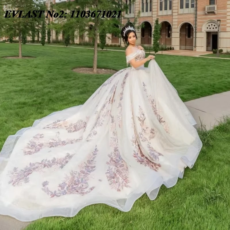 EVLAST Customized Shiny Beige Quinceanera Dress Ball Gown Sequins Applique Beading Corset Sweet 16 Vestidos De 15 Anos E2Q04