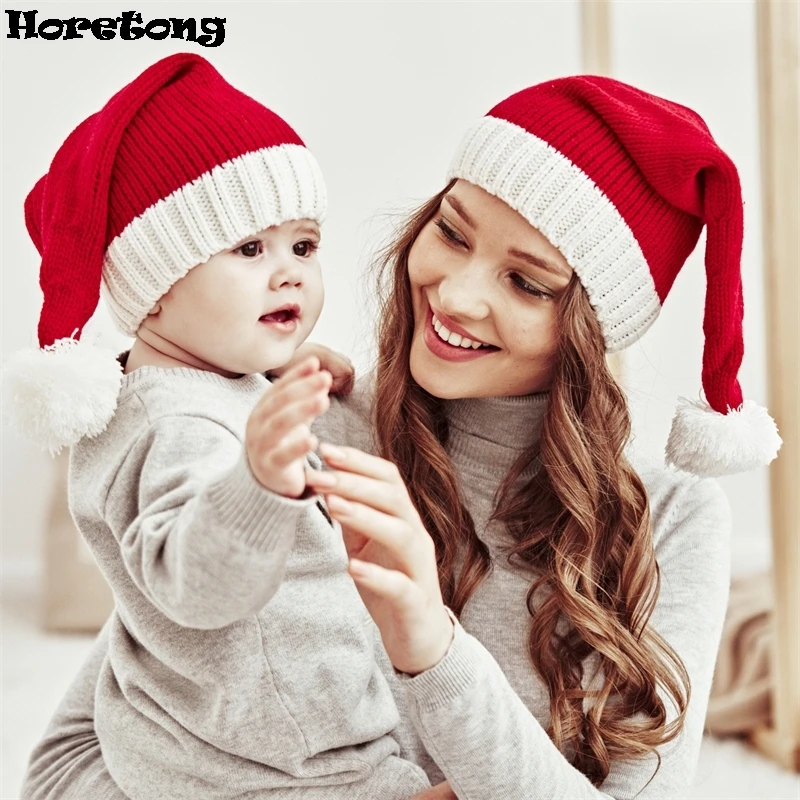 2024 Winter New Parent Child Beanies Christmas Hat Single Ball Acrylic Children Adult Warm Windproof Knitted Hat Color Blocked