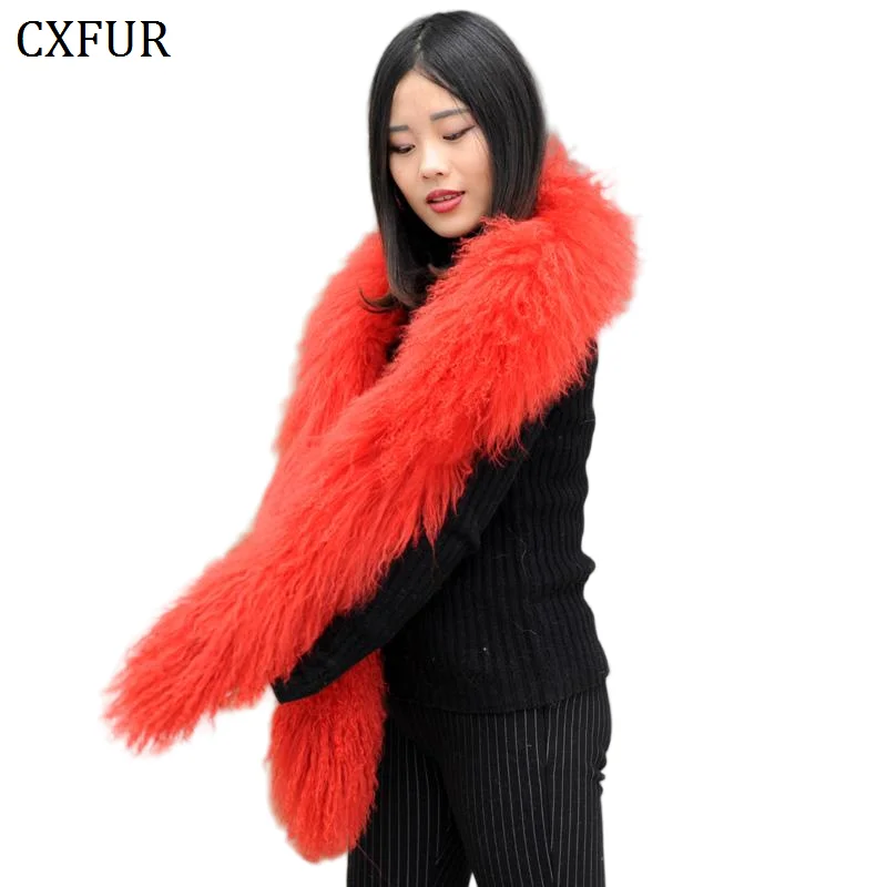 

CX-S-108A Новое поступление, женский элегантный длинный шарф из натурального монгольского меха ягненка