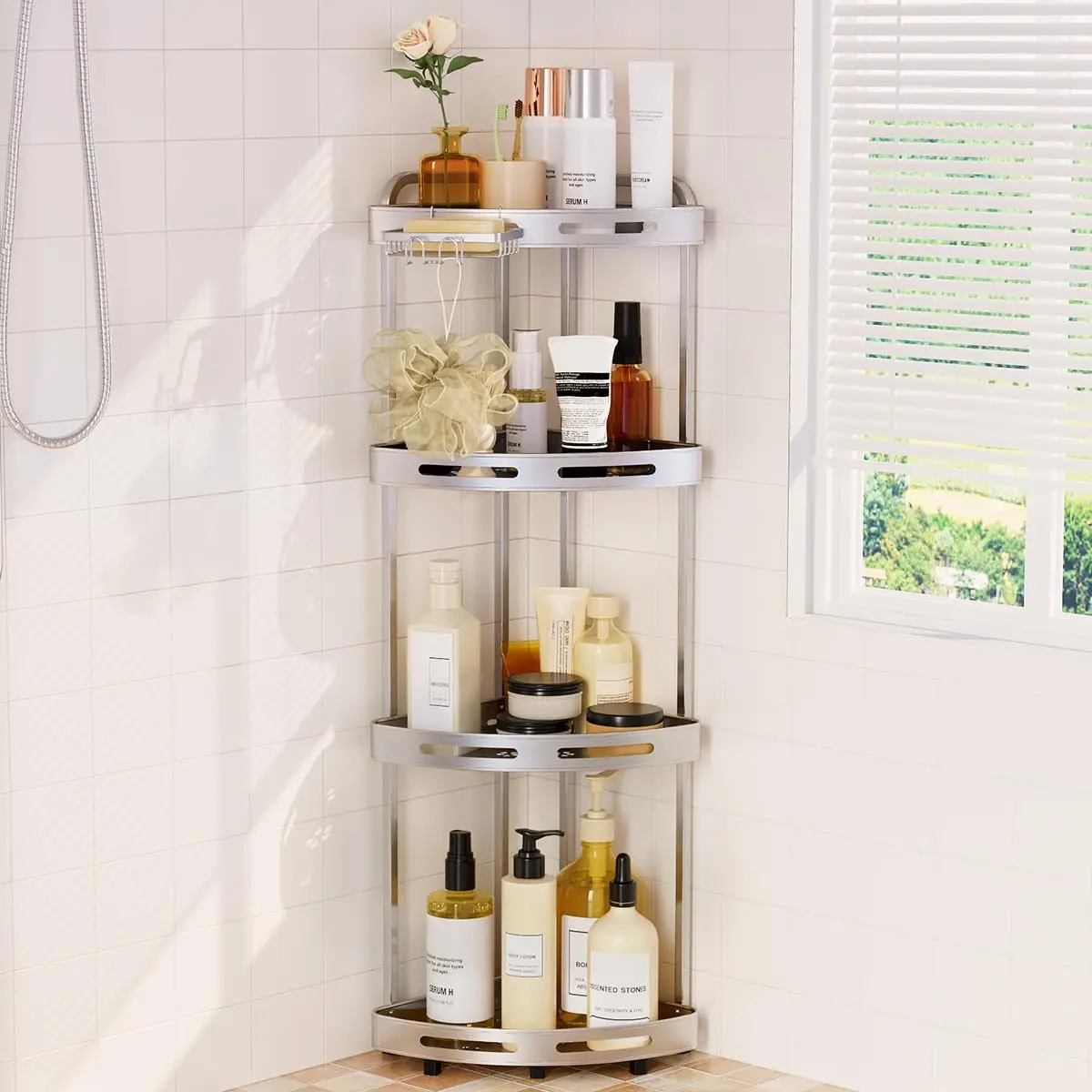 

Three-Tier Corner Shower Organizer With Soap Dish, Rust-Resistant Bathroom Storage Shelf In Metallic Finish