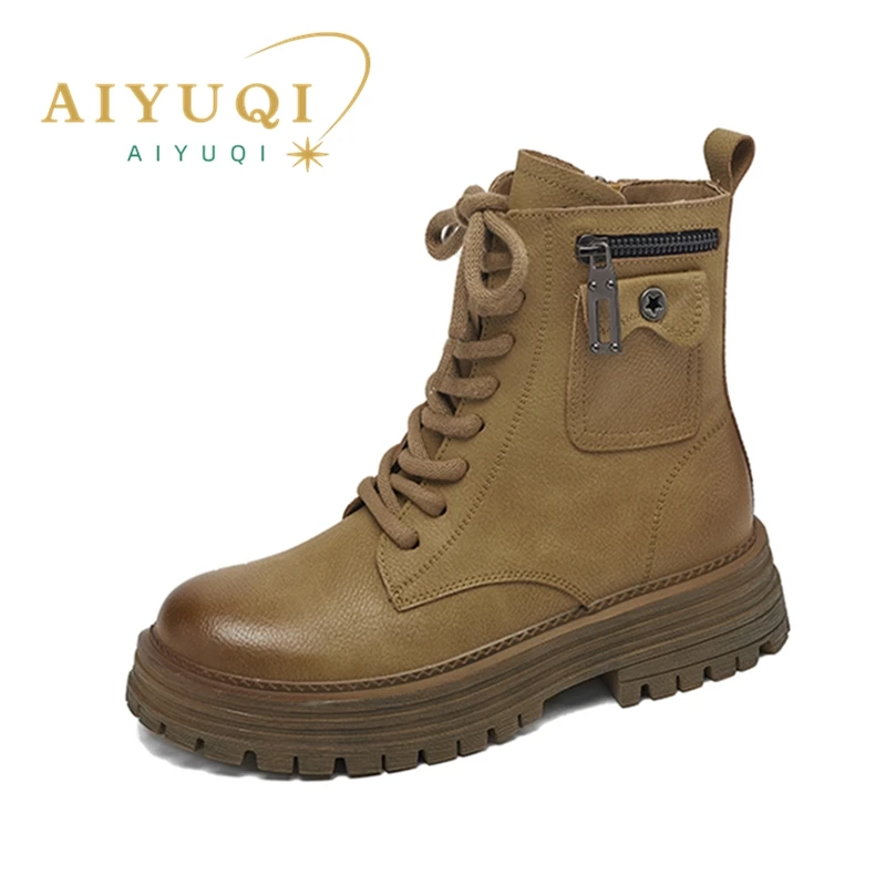 

AIYUQI Biker Boots Women 2024 New Genuine Leather Platform Retro Cargo Boots Women British Style Boots Women