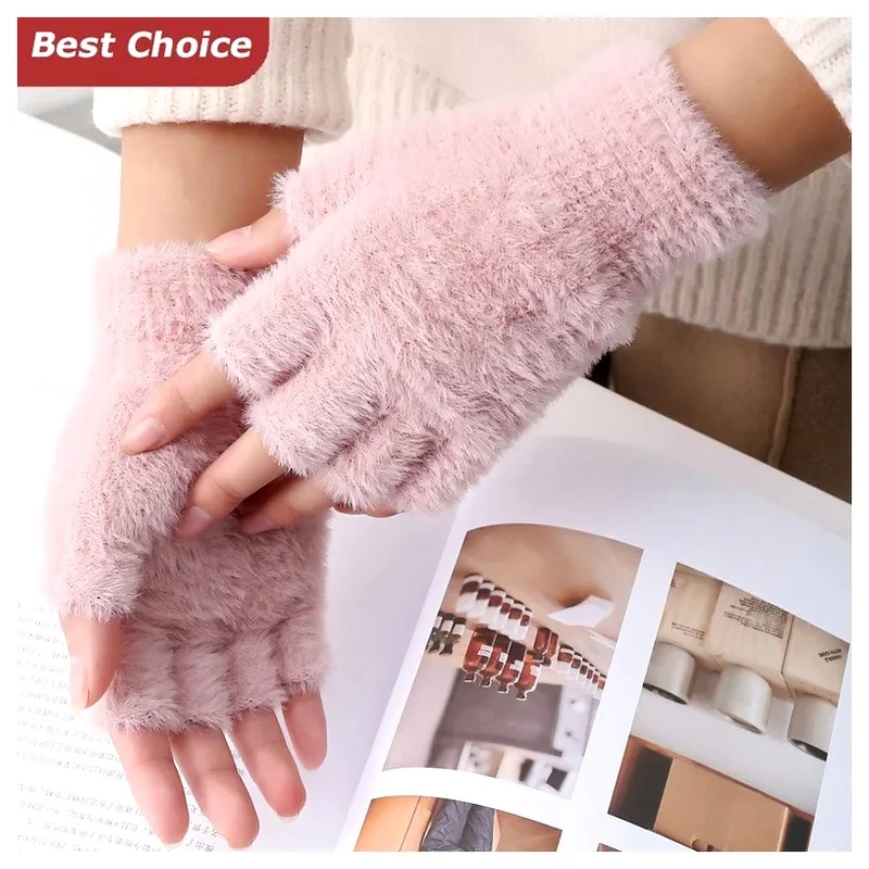 Warm Luxury Solid Color Plush Imitation Mink Cashmere Sports Gloves Half Finger For Driving Outdoor for Women Men New Winter