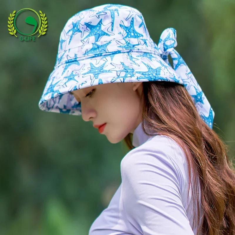 DK Berretto da golf Protezione solare da donna Cappelli a secchiello sportivi Cappello da pescatore stampato con stella da donna Visiere parasole con fiocco regolabile Tesa grande