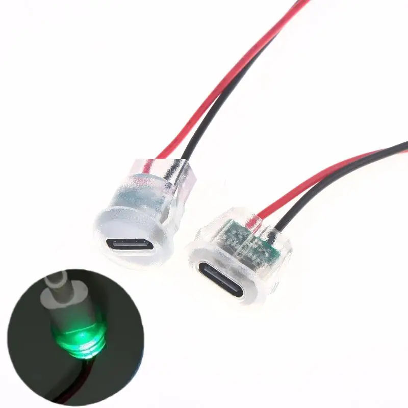 5/10 Pcs Waterproof USB-C Power Port Female Connectors Transparent 2Pin USB Type-C With LED Lights Input Type Charging Socket